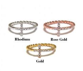 Sideways Cross Ring-925 Sterling Silver With Hand Set CZ And Twisted Rope Band-Size 5