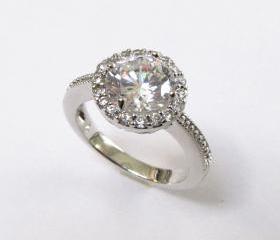 Halo CZ Ring-Rhodium Plated CZ Wedding Ring-Sizes 7 to 9