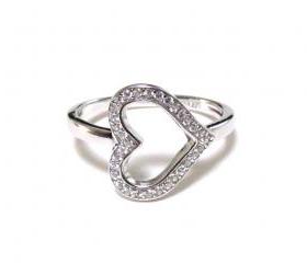Sideways Heart RIng-Rhodium Over 925 Sterling Silver Ring With CZ-Size 5 to 9